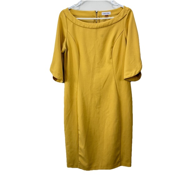 Calvin Klein Mustard Yellow 3/4 Split Sleeve Stretch Crepe Sheath Dress Size 8 - Picture 1 of 8